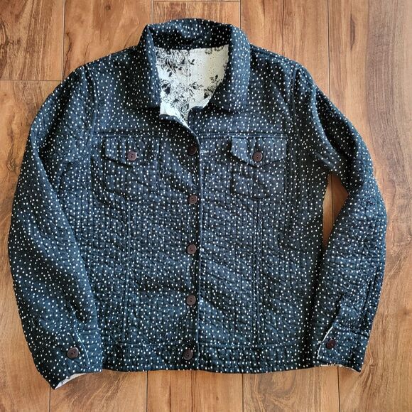 Reversible Quilted Jacket Womens Black White Floral Polka Dot Button Front Med - Picture 2 of 12